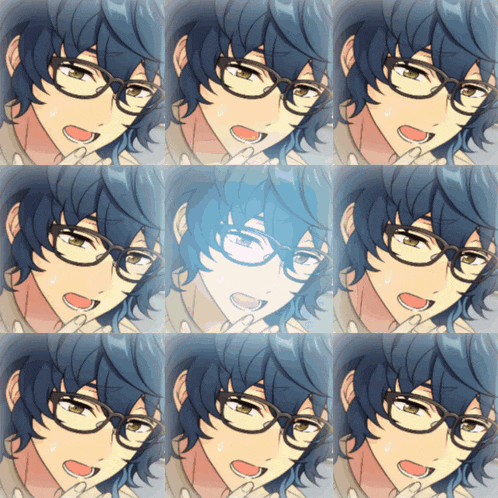 a collage of images of a boy wearing glasses with different expressions