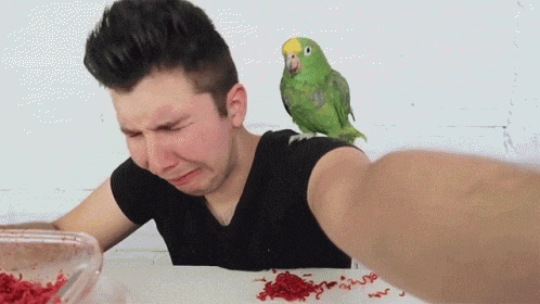 a man is crying while a green parrot sits on his shoulder
