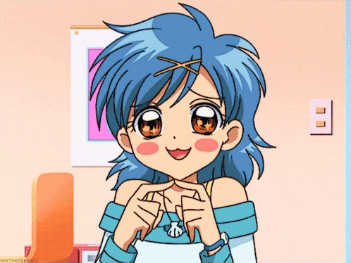 a picture of a girl with blue hair and a necklace with a shell on it