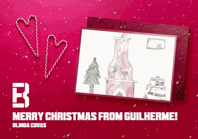 a christmas card from olinda covas with a drawing of a fireplace