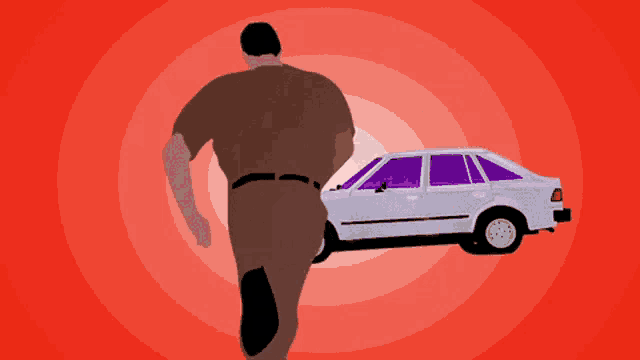 a man in a brown uniform is running towards a white car with purple windows