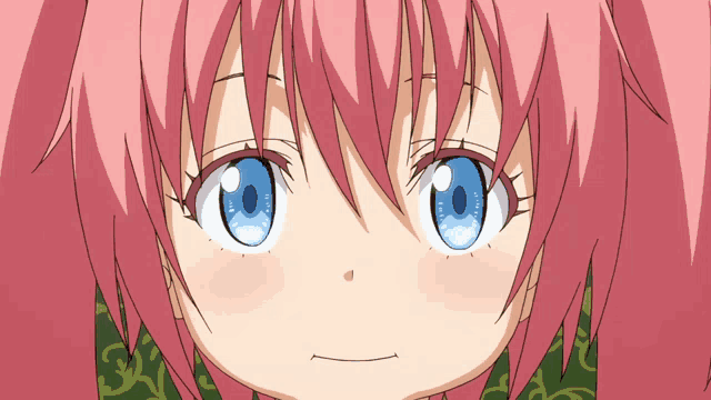 a close up of a pink haired anime girl with blue eyes