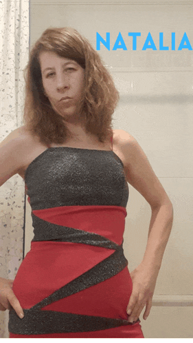 a woman in a red and black dress with the name natalia in blue