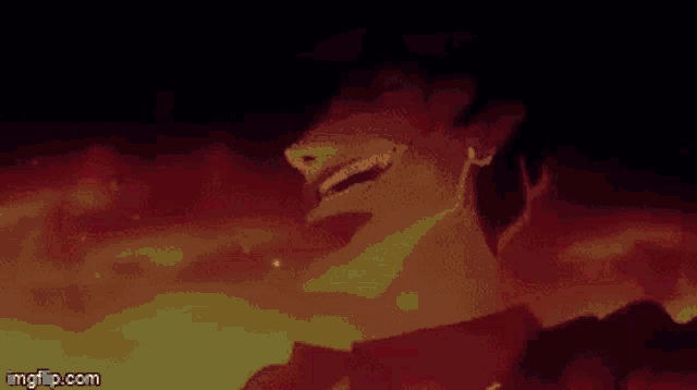 a pixel art of a man standing in front of a fire with his mouth open .