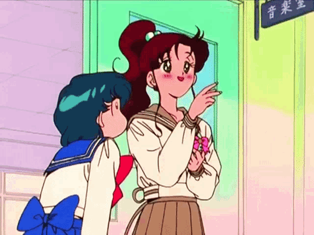 two anime girls are standing next to each other in front of a door with chinese characters on it