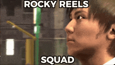 a close up of a man with the words rocky reels squad below him