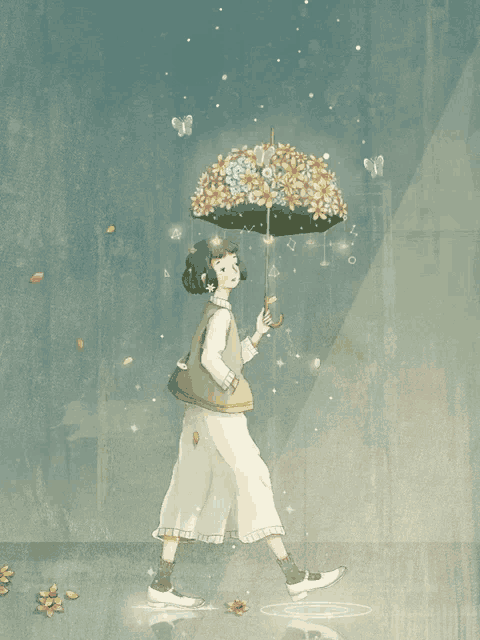 a girl is walking in the rain with an umbrella with flowers on it