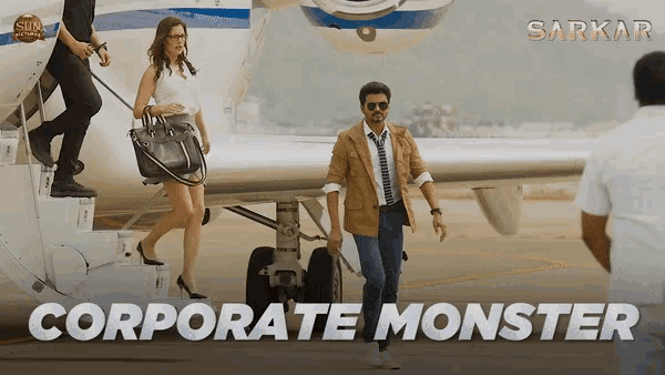 a movie poster for corporate monster shows a man and a woman getting off an airplane