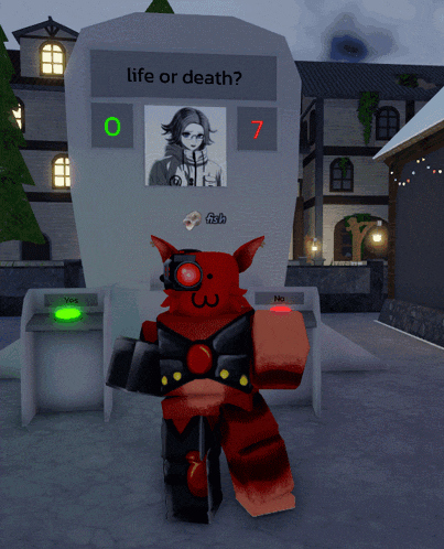 a cartoon character standing in front of a sign that says " life or death "