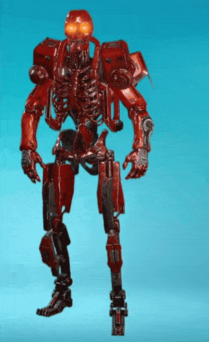 a red robot with glowing eyes is standing on a blue surface