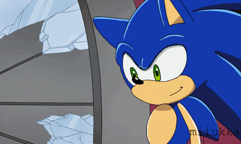 a cartoon of sonic the hedgehog looking at a broken glass wall
