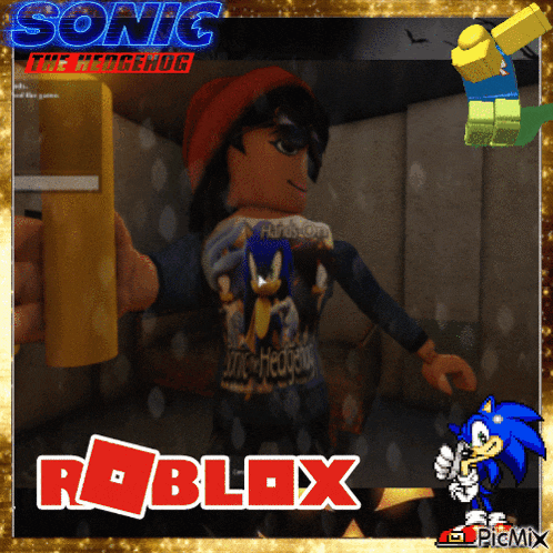 a sonic the hedgehog poster with a roblox logo in the corner