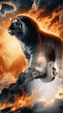 a painting of a tiger and a man with an a on the bottom