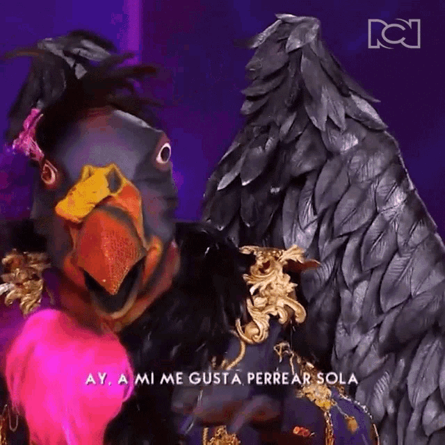 a person dressed as a bird with the words ay a mi me gusta perrear sola