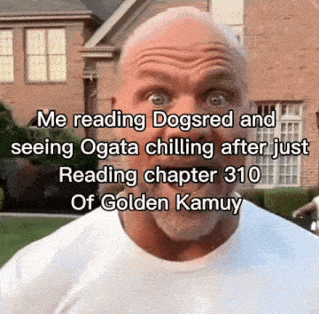 a bald man with a beard is reading dogsred and seeing ogata chilling after just reading chapter 310 of golden kamuy