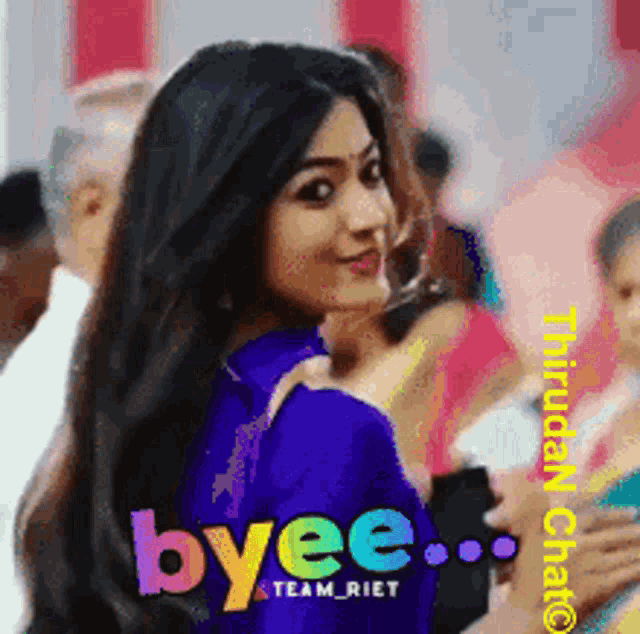 a woman in a purple dress with the words byee team riet on it