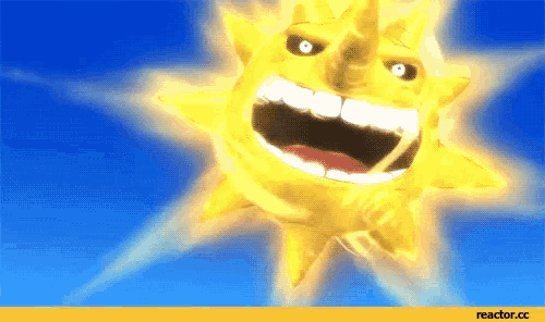 a cartoon sun with a big smile on it 's face against a blue sky