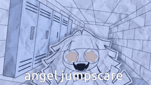 a drawing of a girl with stars in her eyes and the words angel jumpscare