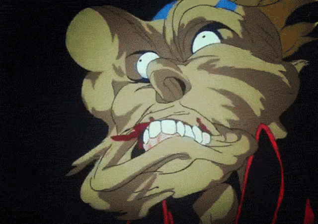 a cartoon drawing of a monster with blood coming out of its mouth