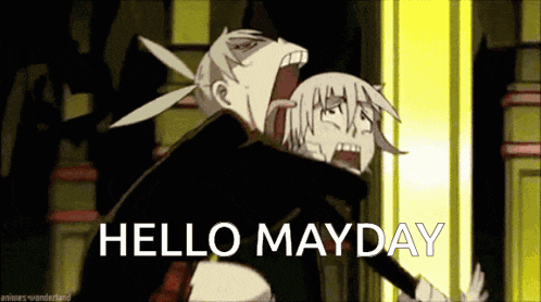 a cartoon character says hello mayday in front of a doorway