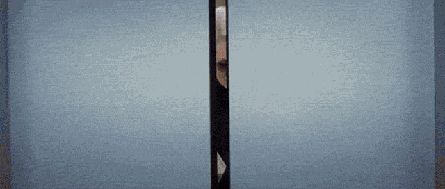 a woman is peeking out from behind a door .