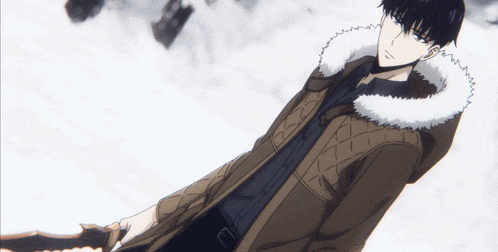 a man in a fur coat holds a knife in his hand