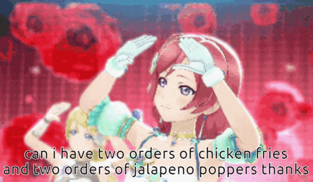 a cartoon of a girl with the words can i have two orders of chicken fries