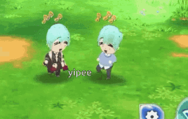 two cartoon characters are standing next to each other in a grassy field and one of them is called yipee