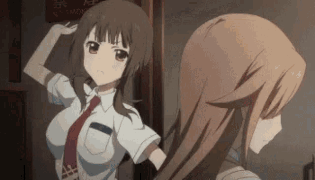 two anime girls are standing next to each other in front of a red sign that says monday