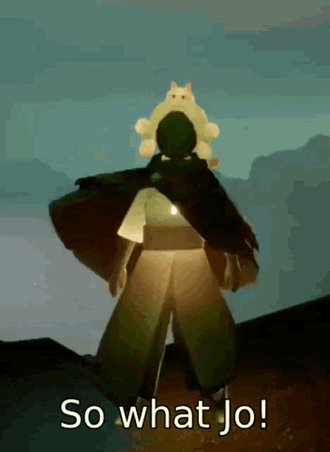 a person wearing a cape and a hat with a cat on it is standing in a video game .
