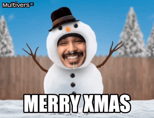 a man dressed as a snowman with the words merry xmas above him