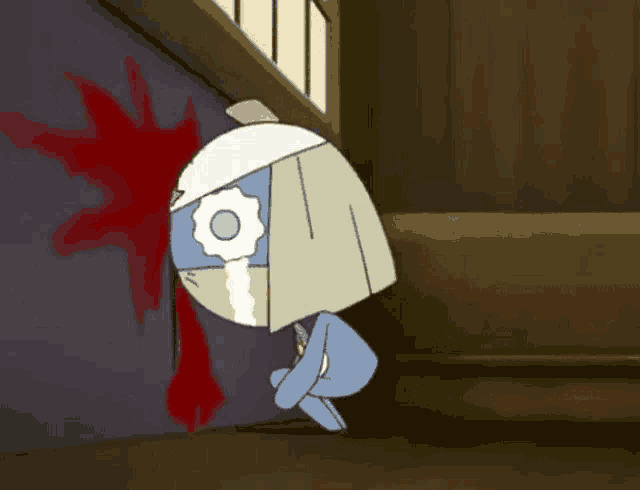 a cartoon character is kneeling down in front of a wall with blood on it