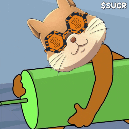 a cartoon of a cat wearing sunglasses and holding a green tube that says $ sugr