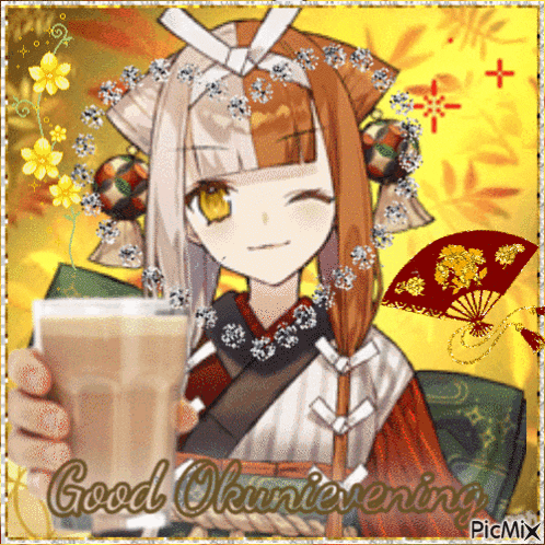 a picture of a girl holding a cup of coffee with the words good okinieevening written below her