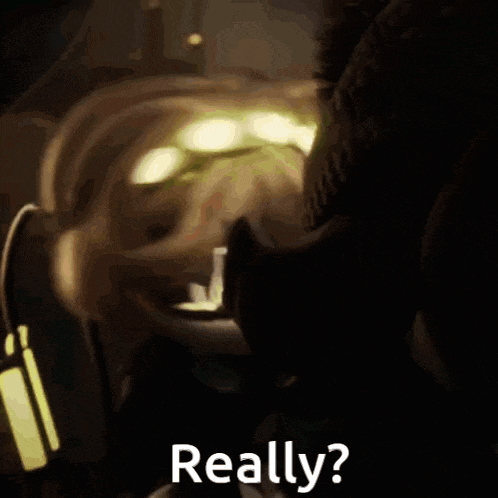a cartoon character with glowing eyes and the words " really " on the bottom
