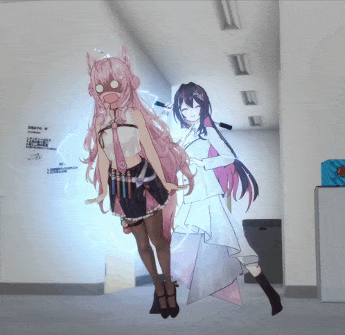 two anime girls are standing next to each other in a hallway with a sign behind them that says ' a ' on it