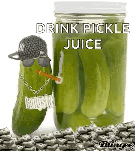a pickle is smoking a cigarette next to a jar of pickle juice .