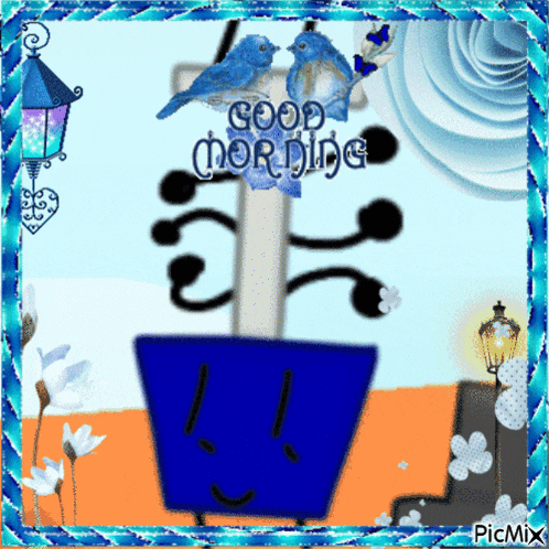 a picture that says good morning with a blue flower pot
