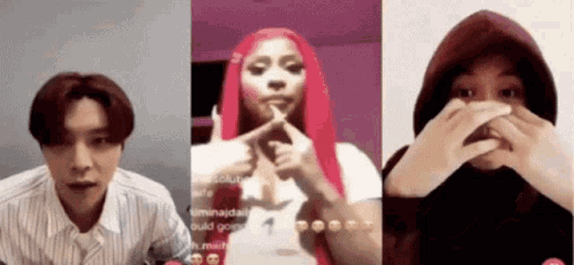 a collage of three pictures of a man , a woman , and a girl with pink hair .