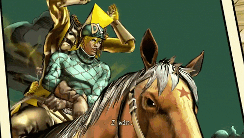 a cartoon of a man riding a horse with the words " i win " written below him