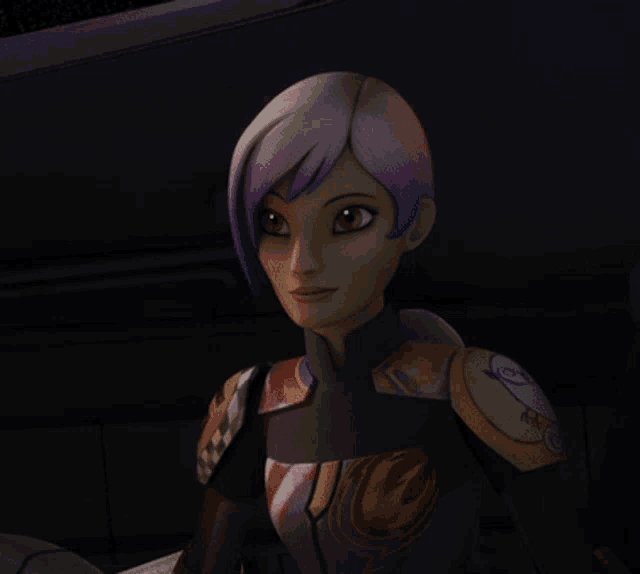 a close up of a cartoon character with a purple haircut