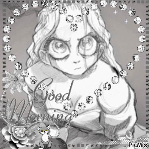 a black and white drawing of a girl with the words good morning on the bottom