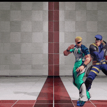 two fighters are fighting in a video game and one is wearing a blue hat with the letter d on it