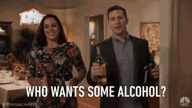 a man and a woman holding bottles of alcohol with the caption " who wants some alcohol "
