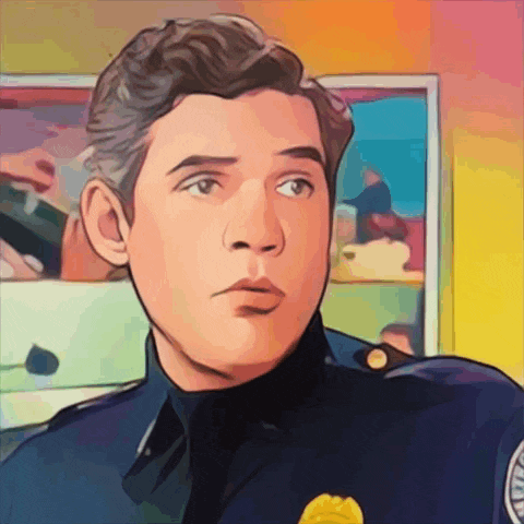 a cartoon drawing of a police officer with a badge on his shoulder