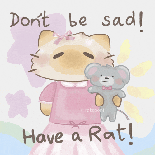 a drawing of a cat holding a stuffed mouse with the words " do n't be sad have a rat "