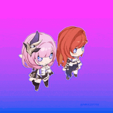 a drawing of a girl with pink hair and a red haired girl on a purple background