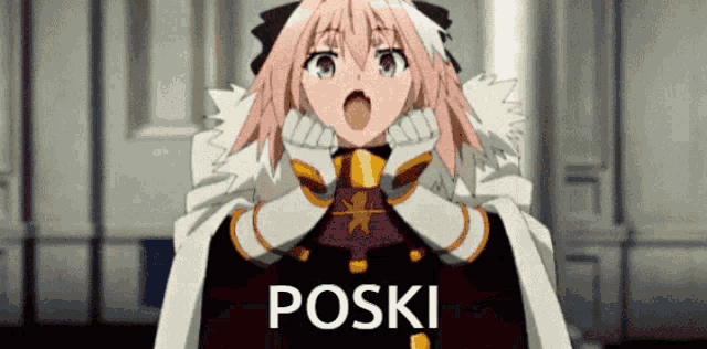 a surprised anime character with the word poski on the bottom right