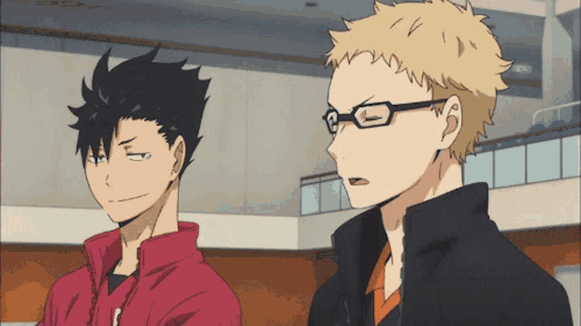 two anime characters are standing next to each other and one of them is wearing glasses