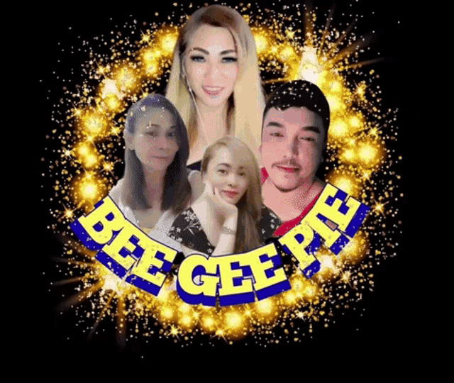 a group of people are surrounded by the words bee gee pie on a black background